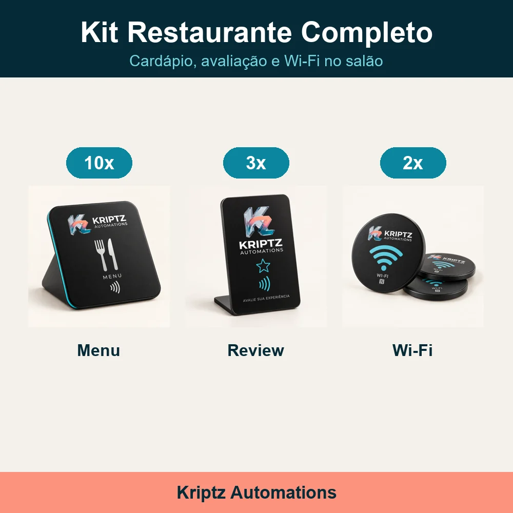Kit Restaurante Completo: 10 Kriptz Menu, 3 Kriptz Review, 2 Kriptz Wi-Fi
