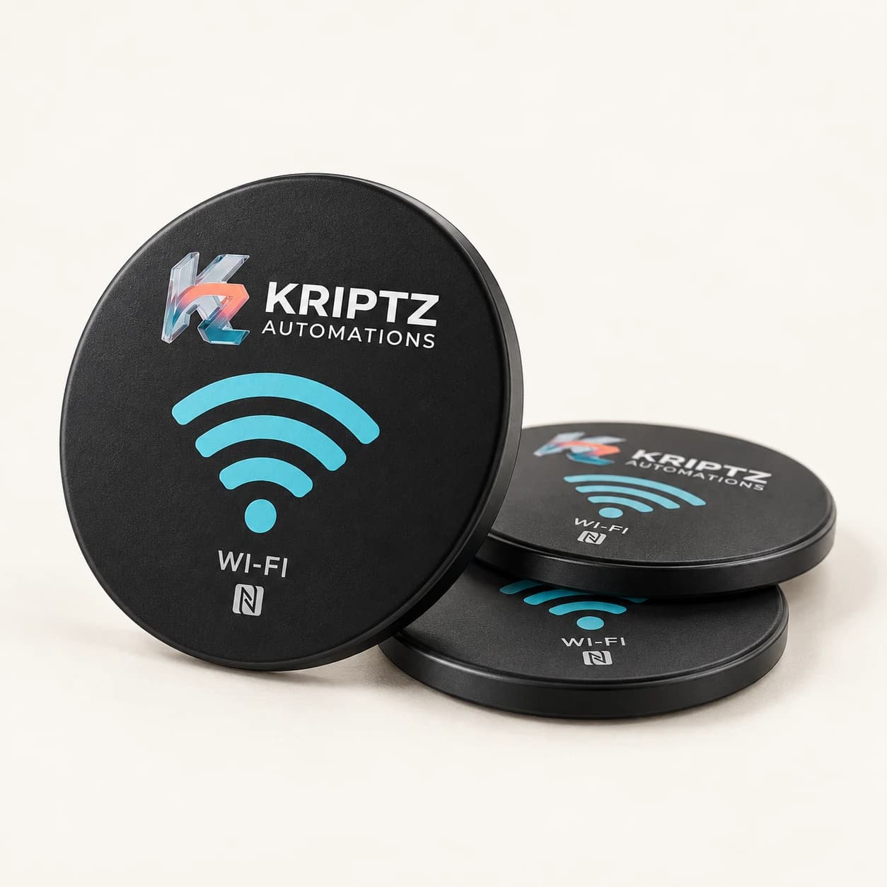 Três discos adesivos pretos com o ícone de Wi-Fi em azul e a marca NFC.