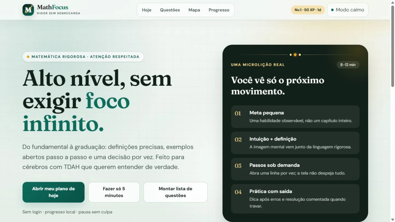 Interface real do MathFocus, plataforma de matemática com jornada de aprendizagem, lições e progresso local.