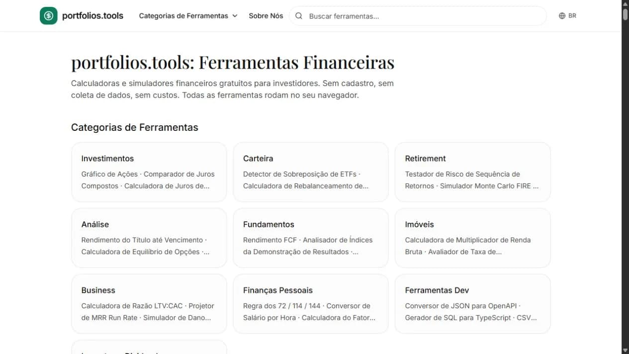 Interface real do portfolios.tools, com busca e catálogo de calculadoras e simuladores financeiros.